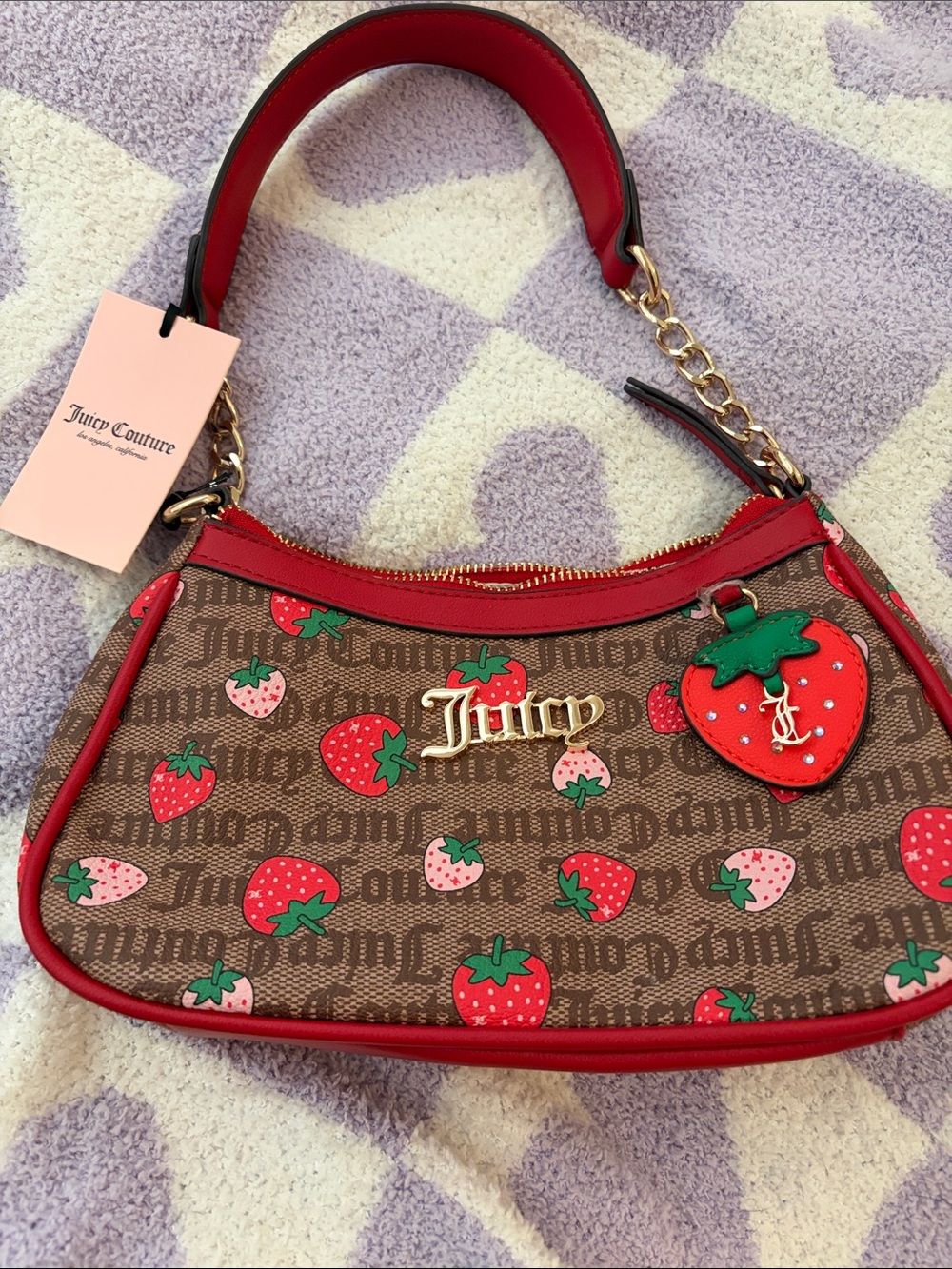Juicy Couture Brown Monogram Strawberry Shoulder Bag with Red Trim